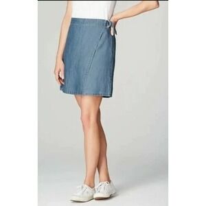 J. Jill Denim Faux Wrap Mini Skirt Blue Chambray‎ Ring Detail Size XS
